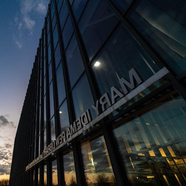 The Mary Idema Pew Library at dusk.