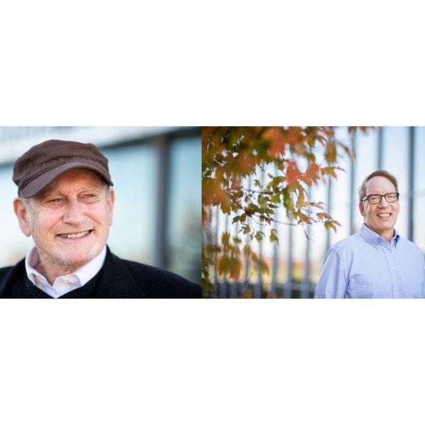 Portraits of Gregg Dimkoff and Roger Ellis, both standing outside